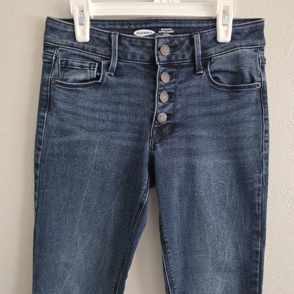 Old Navy Womens Rockstar Super Skinny Ankle Mid-Rise Dark Wash Denim Jeans Sz 0 - Picture 2 of 9